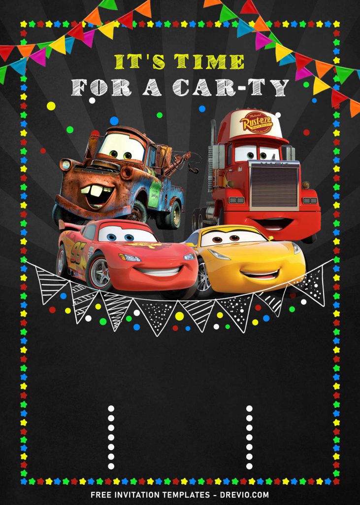 9+ Super Cool Disney Cars Chalkboard Themed Birthday Invitation Templates and has cute and colorful party garland and wording