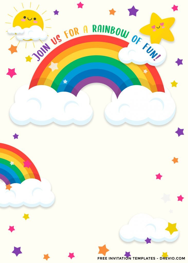 9+ Colorful Rainbow Invitation Card For Your Delightful Birthday Party and it has white fluffy clouds
