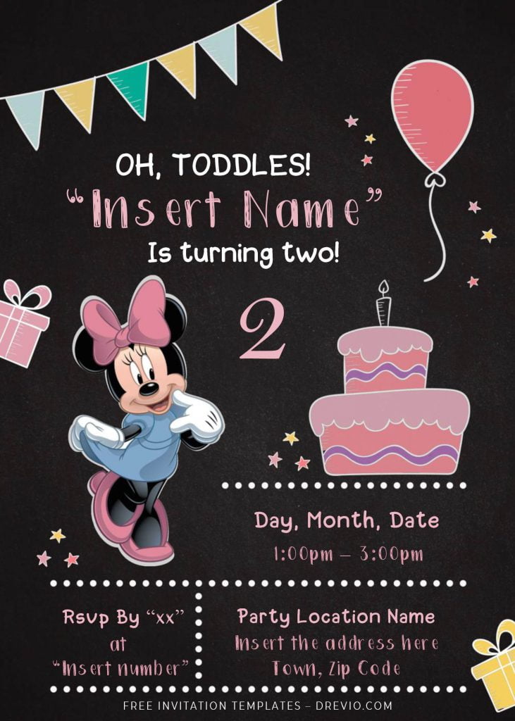 Free Minnie Mouse Chalkboard Birthday Invitation Templates For Word and has balloons and birthday gift boxes