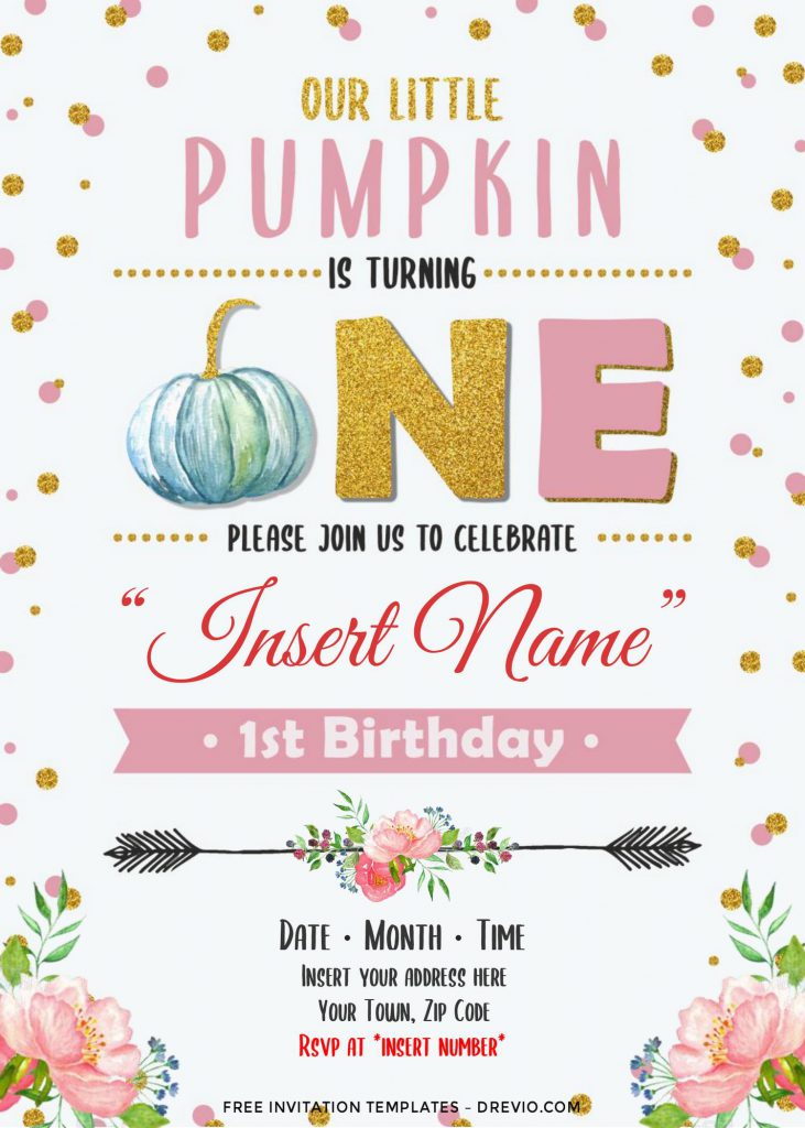 Free Pumpkin First Birthday Invitation Templates For Word and has gold floral