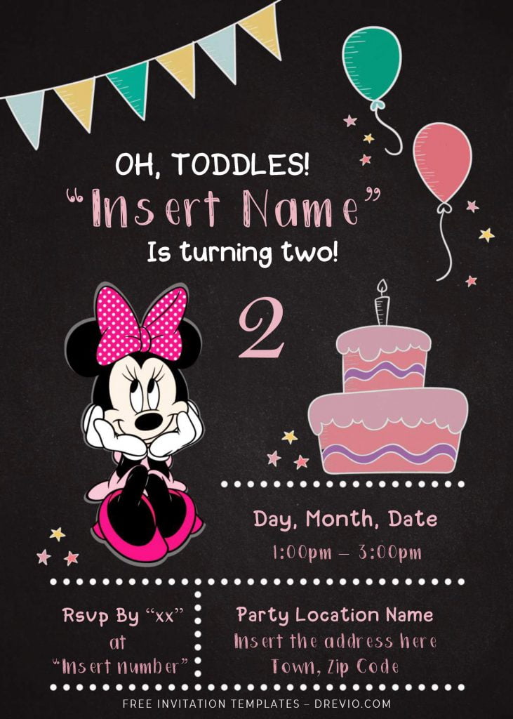 Free Minnie Mouse Chalkboard Birthday Invitation Templates For Word and has chalkboard background