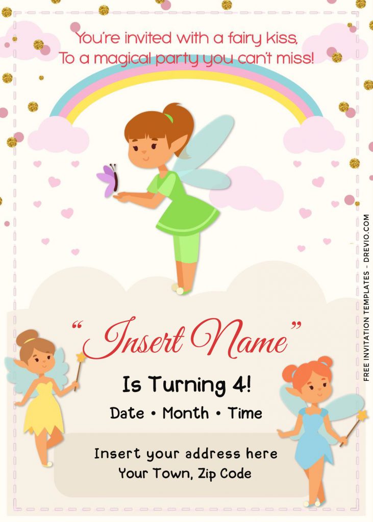Free Rainbow Magic Fairy Birthday Invitation Templates For Word and has gold glitter polka dots