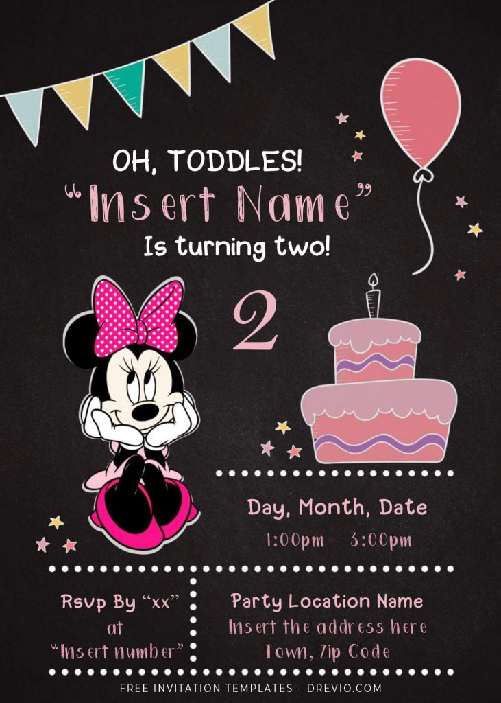 Free Minnie Mouse Chalkboard Birthday Invitation Templates For Word and has colorful bunting flags or party garland