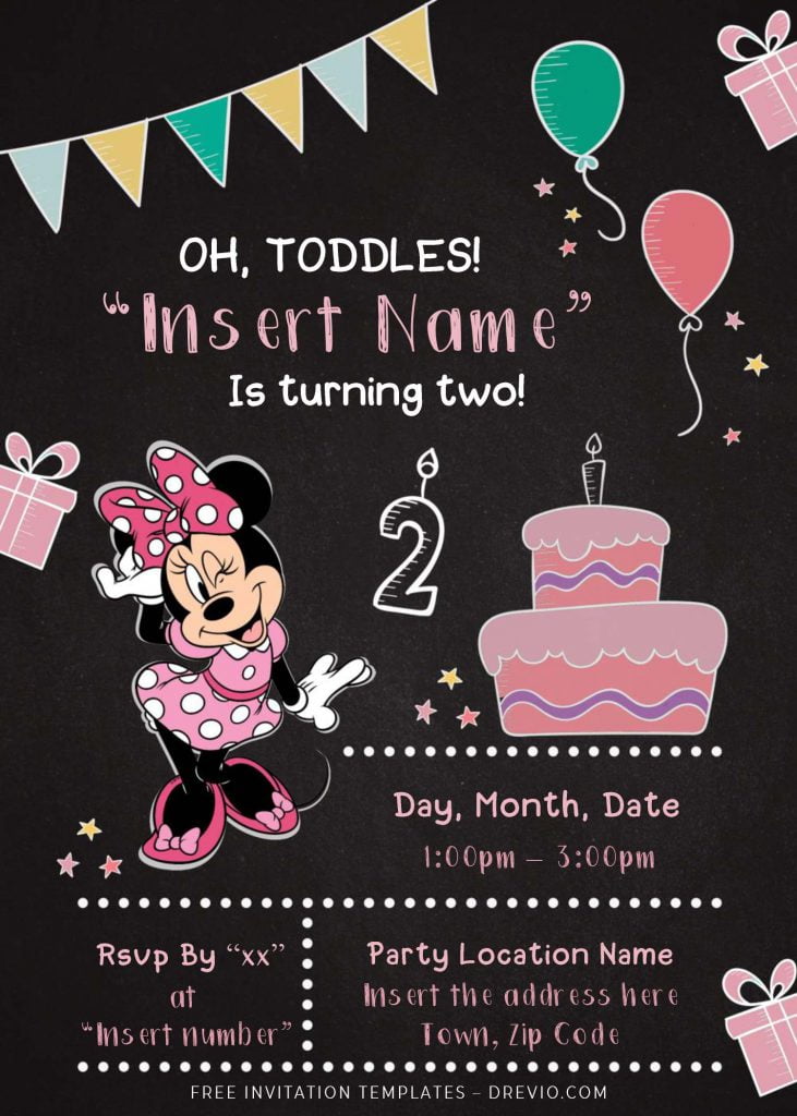 Free Minnie Mouse Chalkboard Birthday Invitation Templates For Word and has Minnie in pink dress