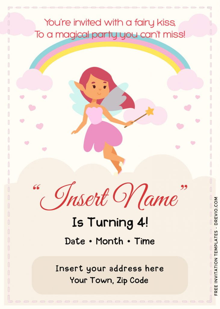 Free Rainbow Magic Fairy Birthday Invitation Templates For Word and has fluffy clouds