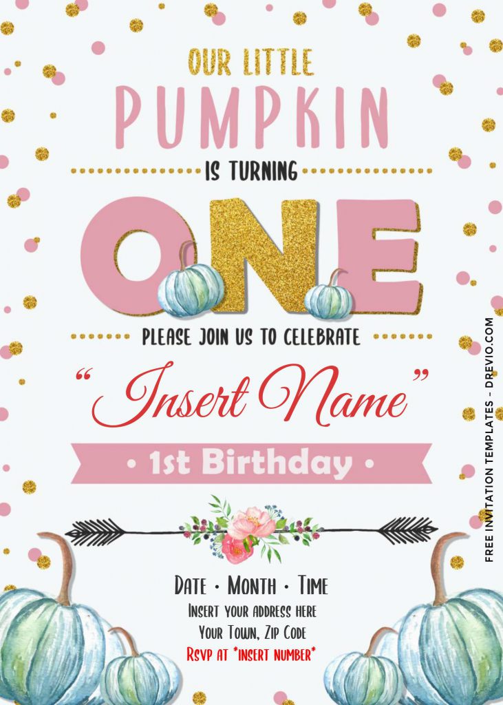 Free Pumpkin First Birthday Invitation Templates For Word and has colorful polka dots border