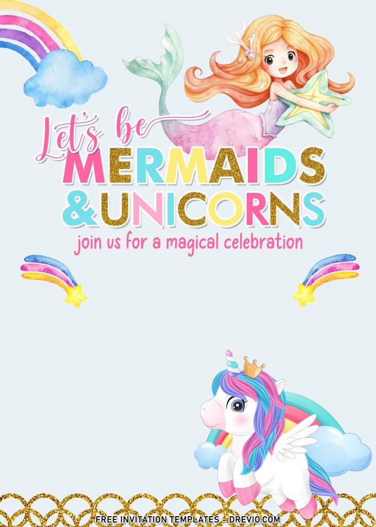 10+ Cheerful Mermaid And Unicorn Birthday Invitation Templates For Your Kid's Birthday Bash and has cute watercolor mermaid