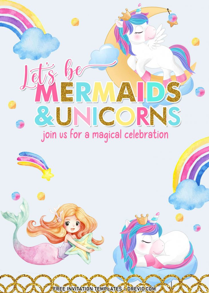10+ Cheerful Mermaid And Unicorn Birthday Invitation Templates For Your Kid's Birthday Bash and has cute unicorn sleeping on cloud