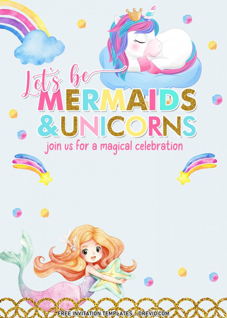 10+ Cheerful Mermaid And Unicorn Birthday Invitation Templates For Your Kid's Birthday Bash and has gold fish skins