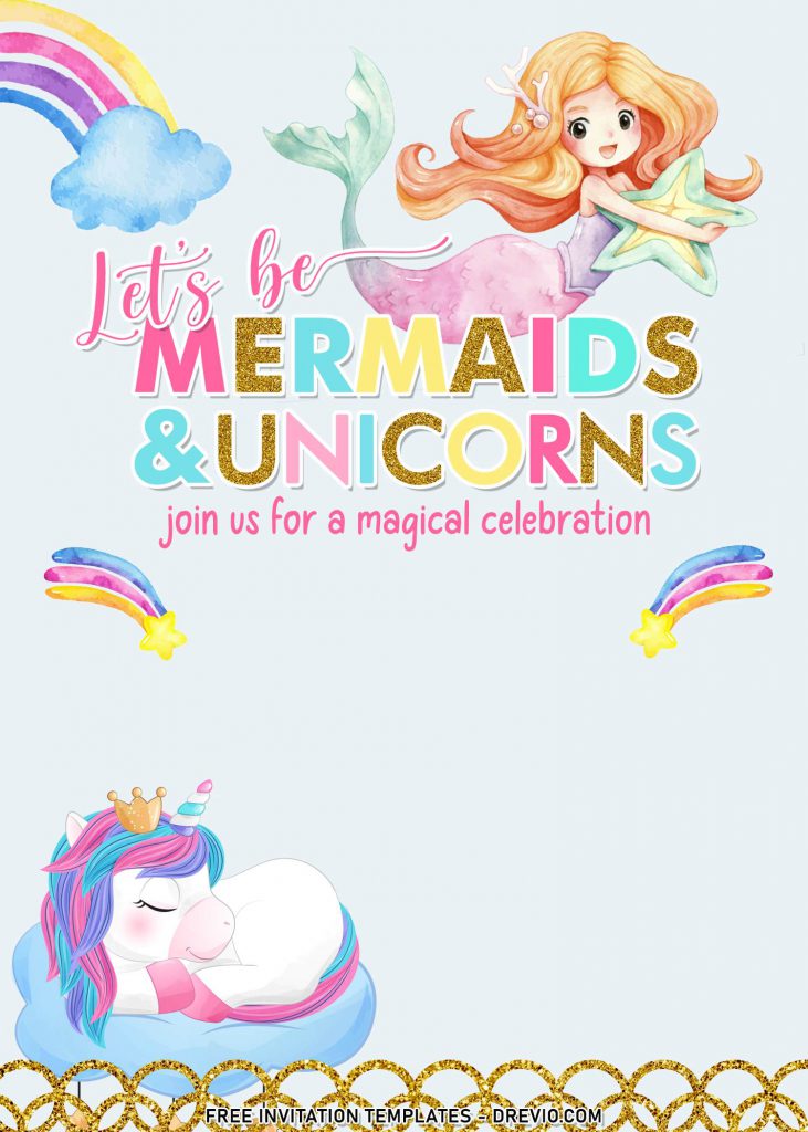 10+ Cheerful Mermaid And Unicorn Birthday Invitation Templates For Your Kid's Birthday Bash and has colorful watercolor rainbow
