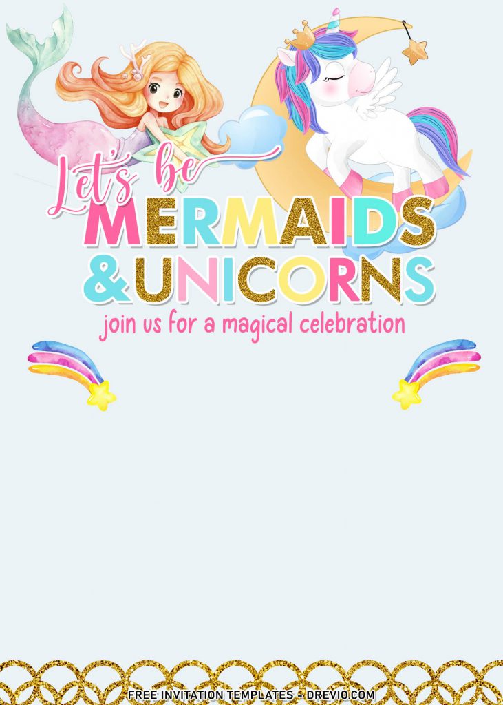 10+ Cheerful Mermaid And Unicorn Birthday Invitation Templates For Your Kid's Birthday Bash and has Watercolor Rainbow and Clouds