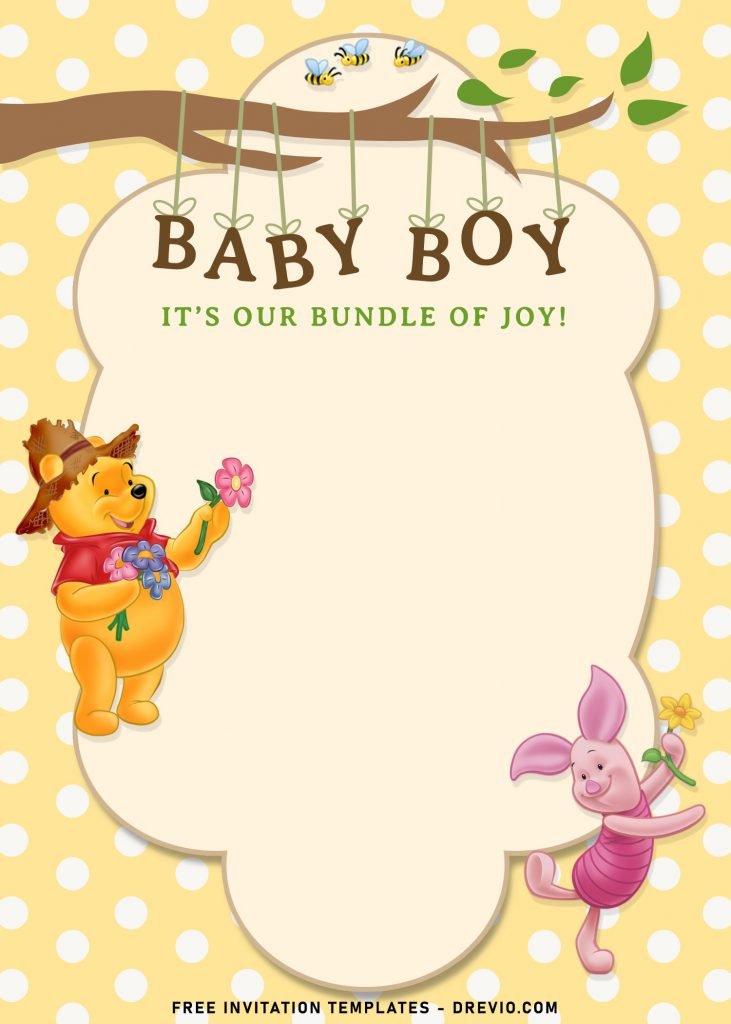 11+ Winnie The Pooh Birthday Invitation Templates and has Pooh holding butterfly on his palm