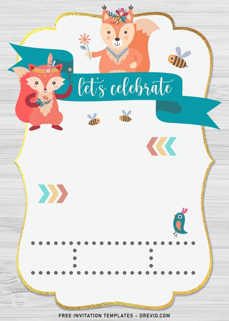 7+ Boho Woodland Animals Birthday Invitation Templates and has baby fox wearing floral crest and holding flowers