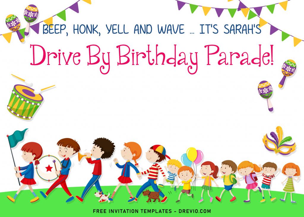 7+ Drive By Birthday Parade Birthday Invitation Templates and has cute children walking on line 