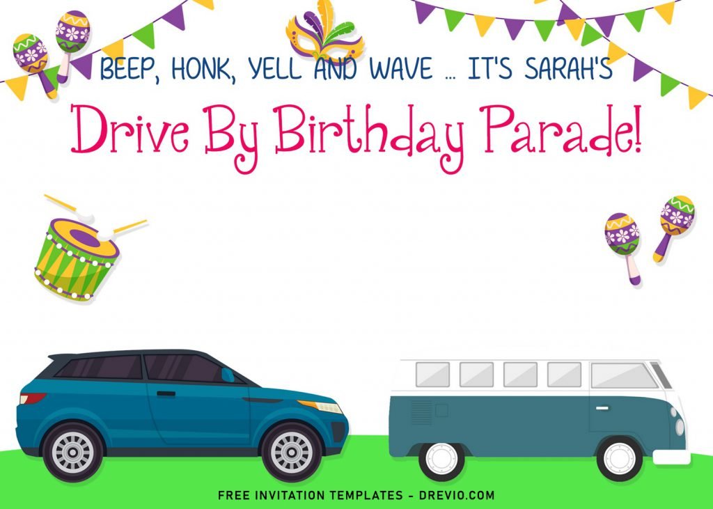 7+ Drive By Birthday Parade Birthday Invitation Templates and has Snare and tamborine