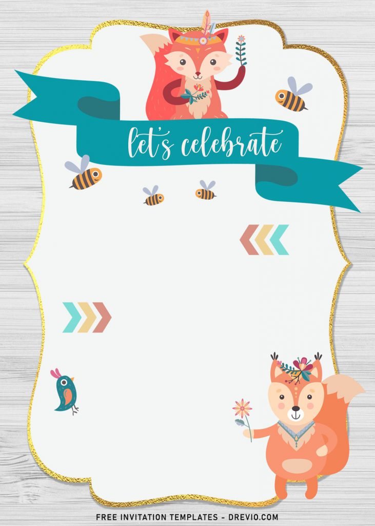 7+ Boho Woodland Animals Birthday Invitation Templates and has cute ribbon and bracket text box