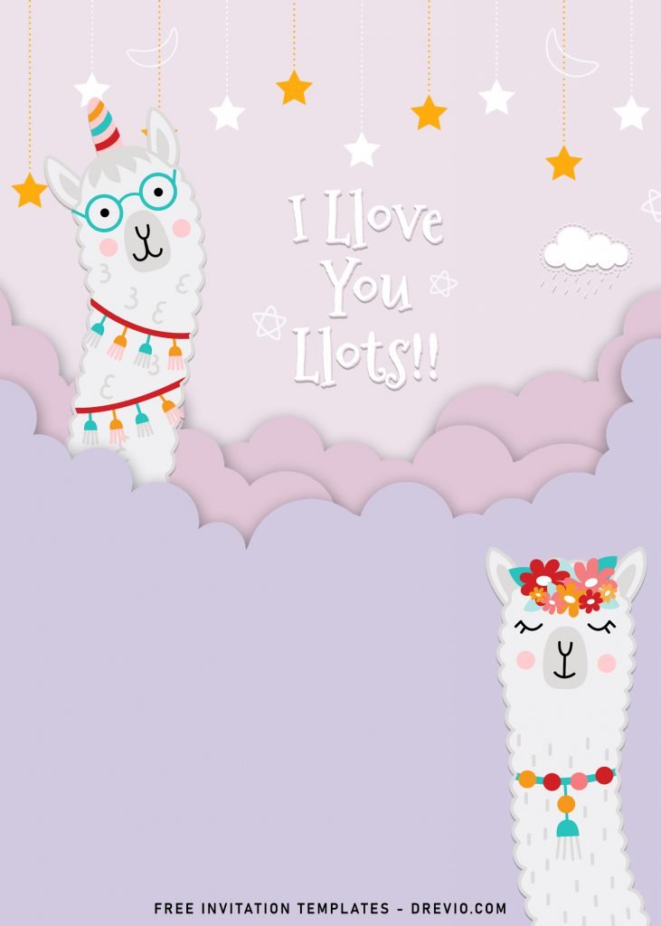8+ Adorable Llama Birthday Invitation Templates and has twinkling stars and white fluffy clouds