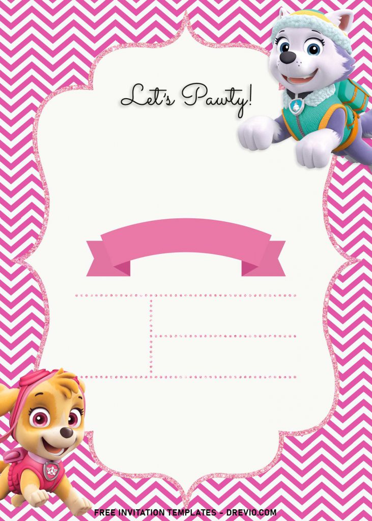 8+ Cute Paw Patrol Skye And Everest Birthday Invitation Templates and has pink glitter bracket frame or border design