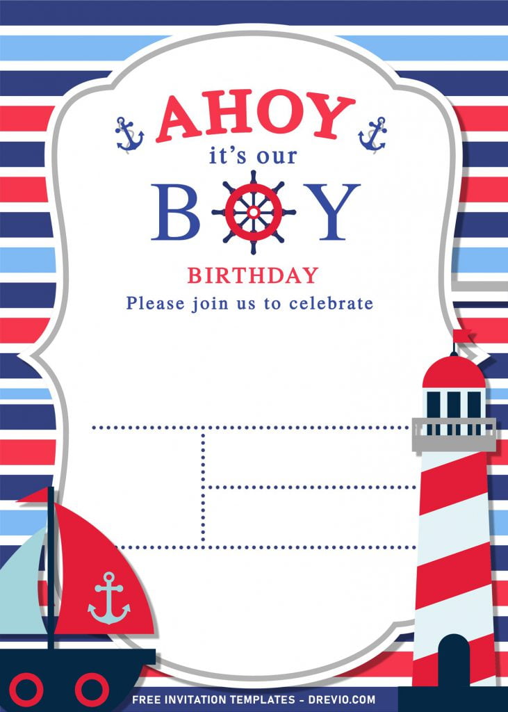 11+ Nautical Themed Birthday Invitation Templates For Your Kid's Birthday Bash and has stripe background