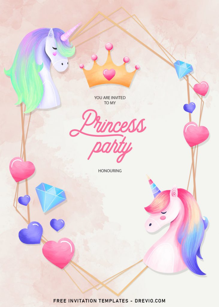 11+ Gorgeous Princess Party In Watercolor Birthday Invitation Templates and has Magical Rainbow Unicorns