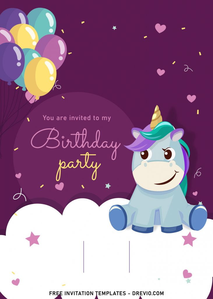 7+ Magical Rainbow Unicorn Birthday Invitation Templates For Kids Birthday Party and has Blue And Pink Balloons