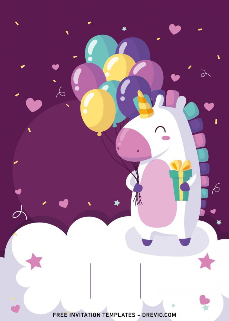 7+ Magical Rainbow Unicorn Birthday Invitation Templates For Kids Birthday Party and has Adorable Baby Unicorn Holding Balloons