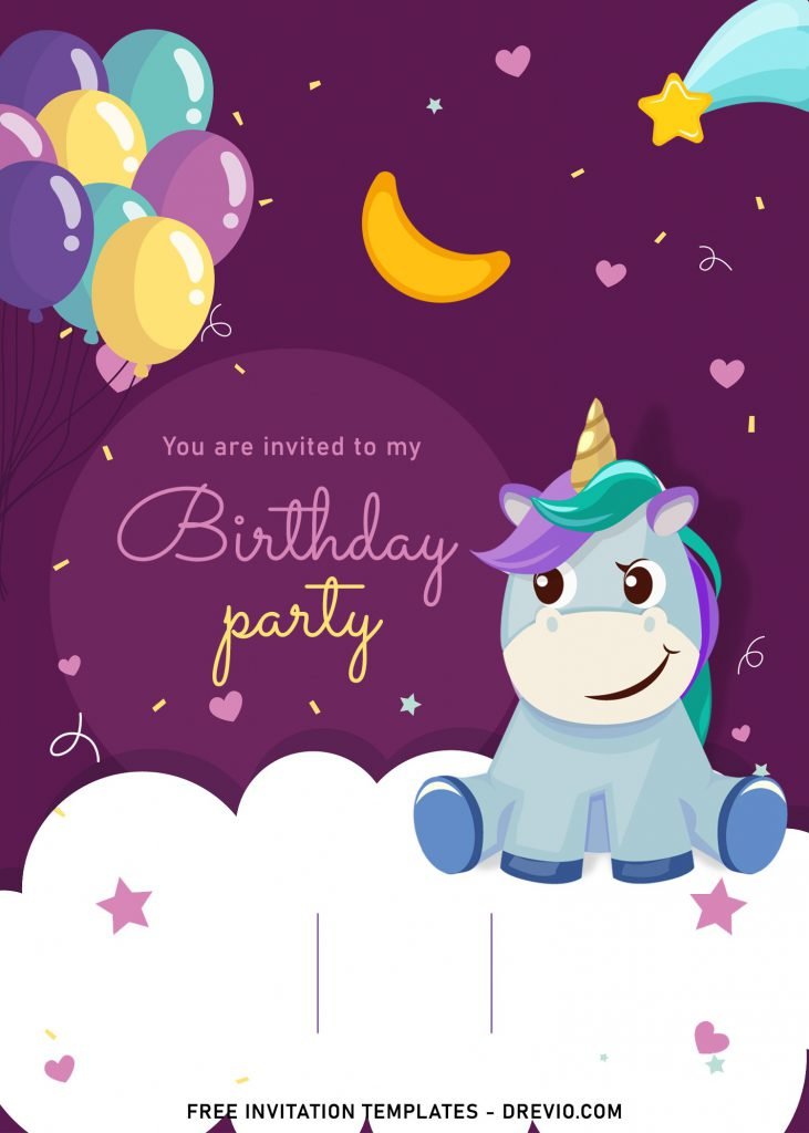 7+ Magical Rainbow Unicorn Birthday Invitation Templates For Kids Birthday Party and has cute Unicorn sitting