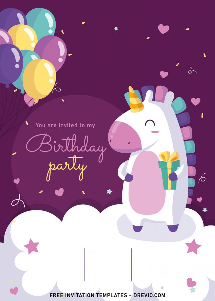7+ Magical Rainbow Unicorn Birthday Invitation Templates For Kids Birthday Party and has White cloud
