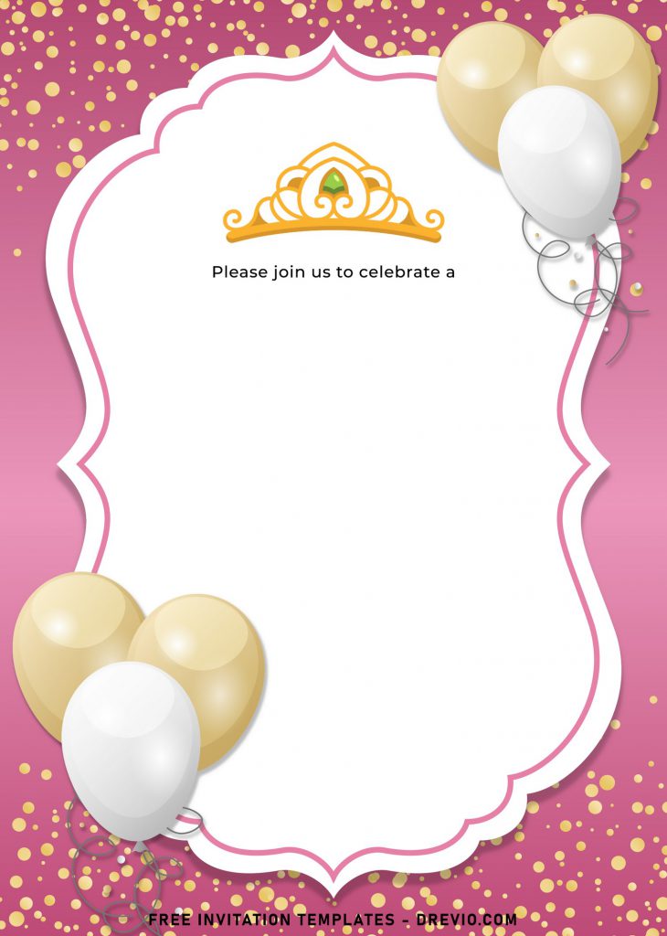 7+ Elegant Gold Confetti Princess Birthday Invitation Templates and has Sparkling Gold Confetti and Balloons