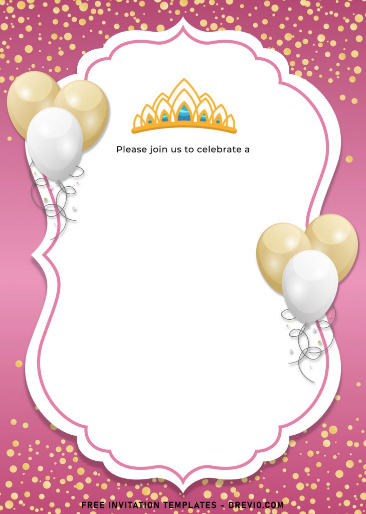 7+ Elegant Gold Confetti Princess Birthday Invitation Templates and has White And Gold balloons