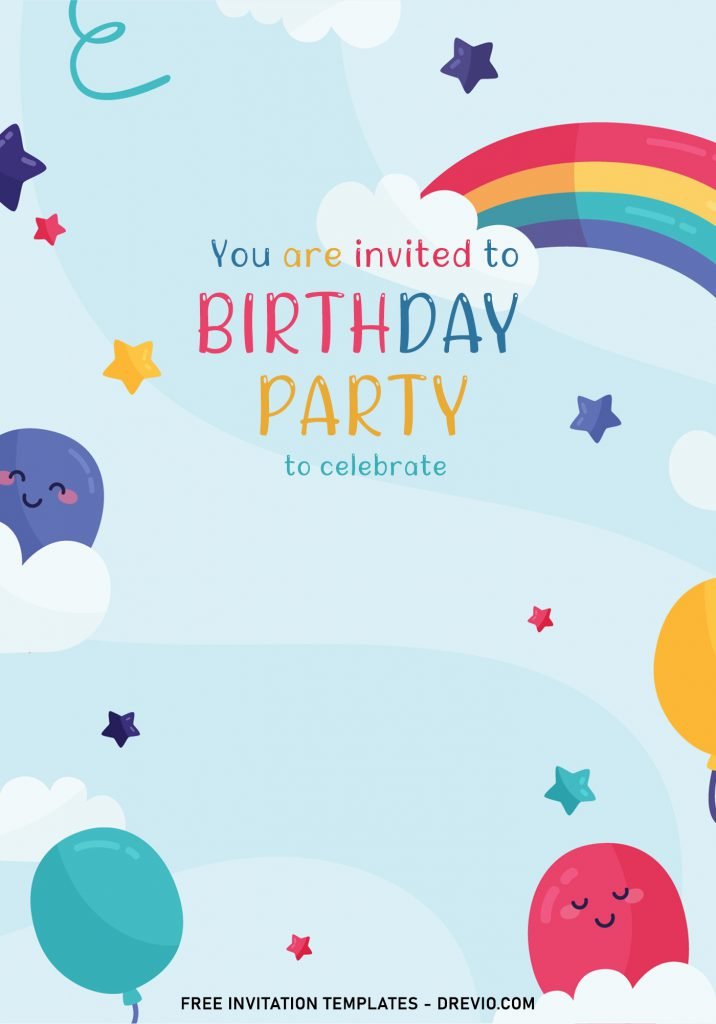 8+ Best Rainbow Party Birthday Invitation Templates For Your Kid's Birthday Party and has Fluffy clouds and stars