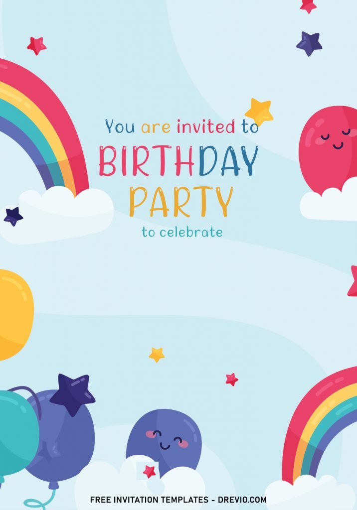 8+ Best Rainbow Party Birthday Invitation Templates For Your Kid's Birthday Party and has Pink Balloons and blue sky background