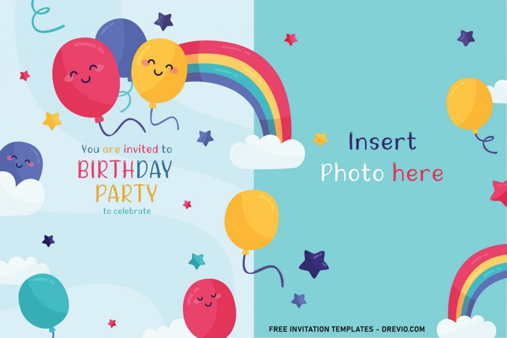 8+ Best Rainbow Party Birthday Invitation Templates For Your Kid's Birthday Party and has Blue and Red balloons