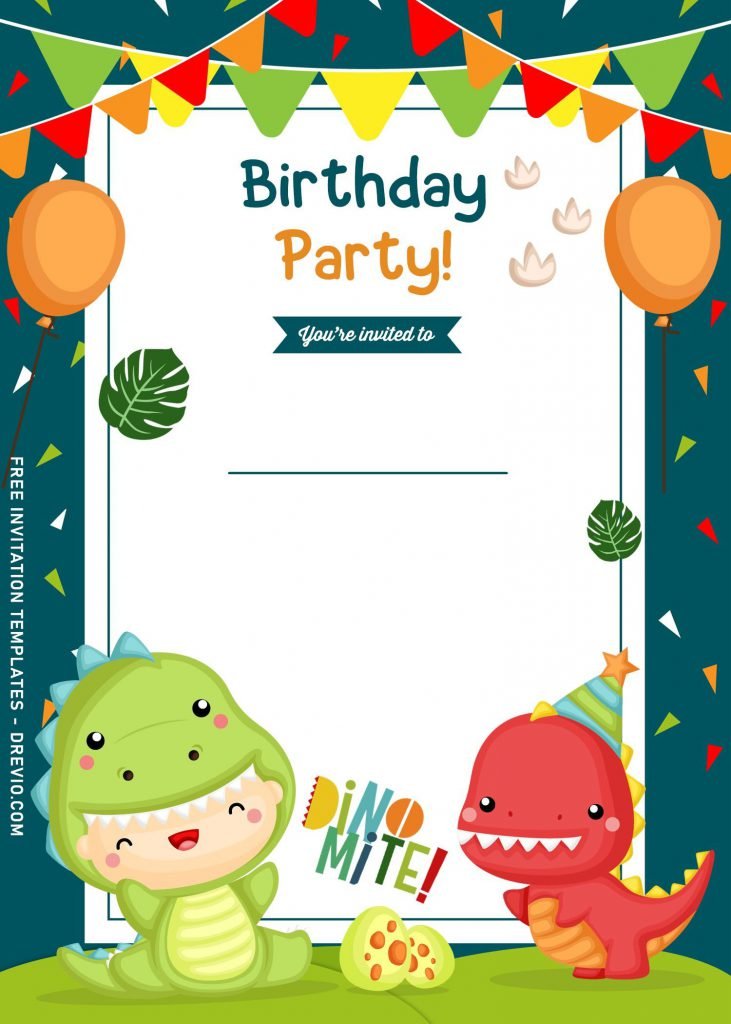 9+ Awesome Dino Party Birthday Invitation Templates and has Cute Baby Dressing in Dino Costume