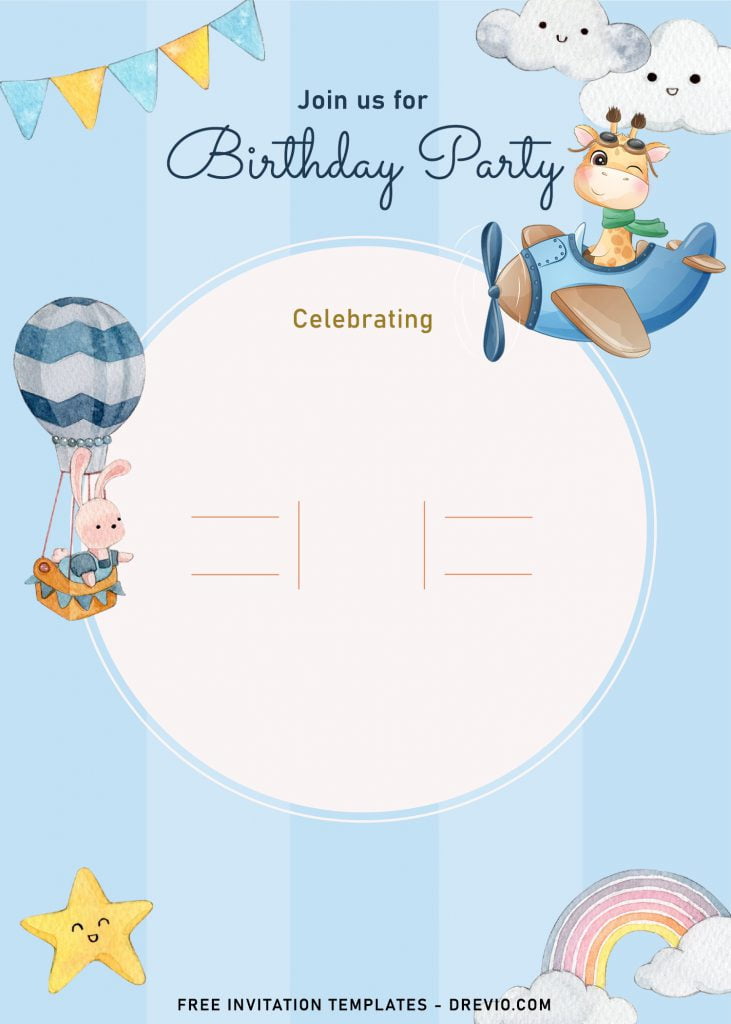 9+ Cute Hand Drawn Up In The Sky Birthday Invitation Templates and has hand drawn hot air balloons and giraffe flying a plane