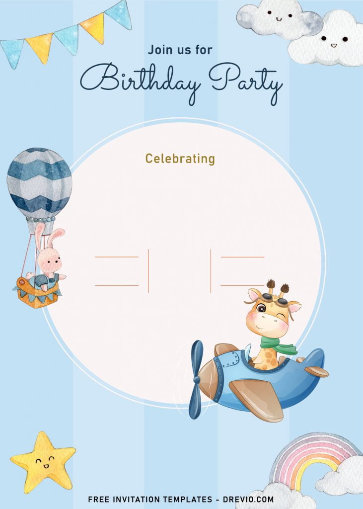 9+ Cute Hand Drawn Up In The Sky Birthday Invitation Templates and has Propeller Style Airplane