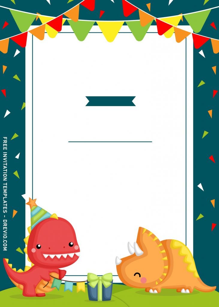 9+ Awesome Dino Party Birthday Invitation Templates and has Colorful Bunting Flags