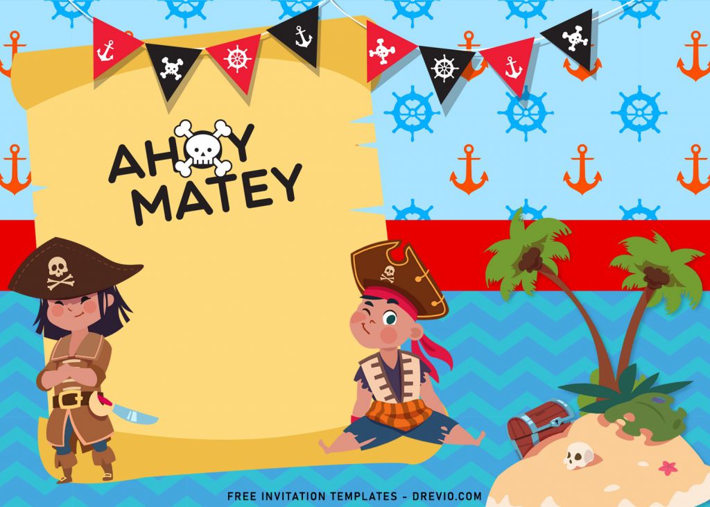 11+ Ahoy Pirate Birthday Invitation Templates For Your Kid's Birthday Party and Ship's Wheel and Anchor background