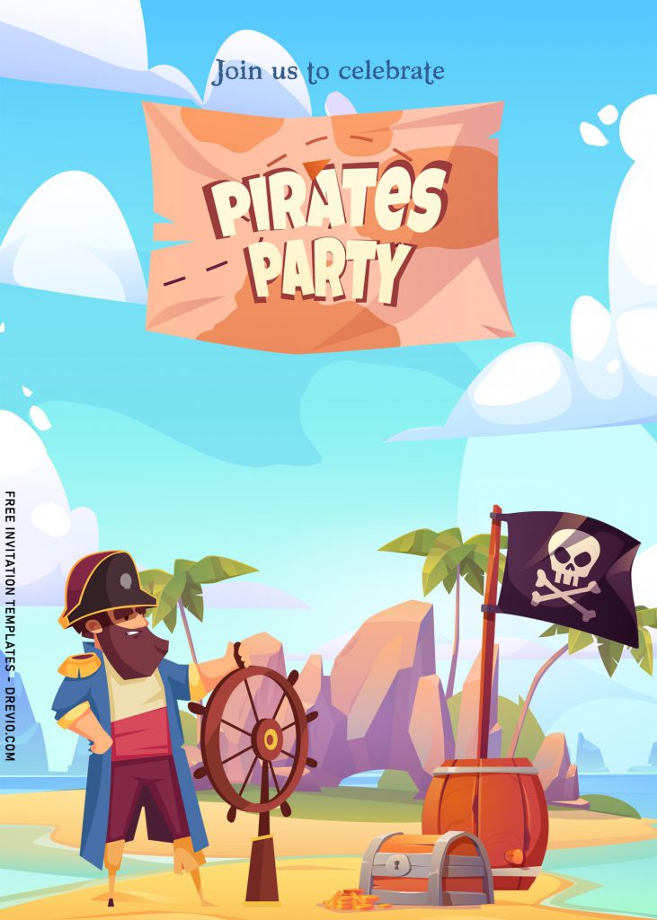 7+ Personalized Pirate Birthday Invitation Templates For Any Ages and has Pirate Captain And Ship's Wheel