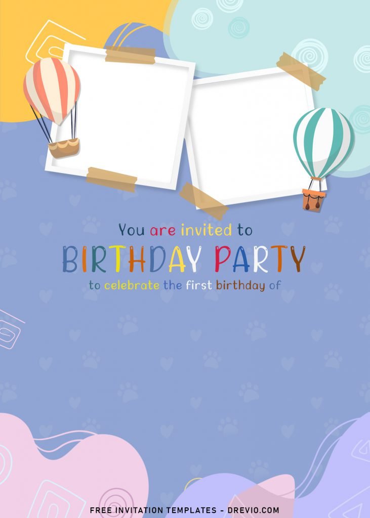 8+ Adorable Hot Air Balloon Birthday Invitation Templates For Your Kid's Upcoming Birthday and has adorable dog and cat paw prints