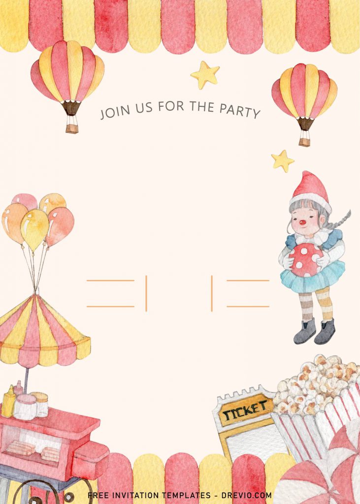 8+ Cute Amusement Park Themed Kids Birthday Invitation Templates and has Watercolor Hot Air Balloon