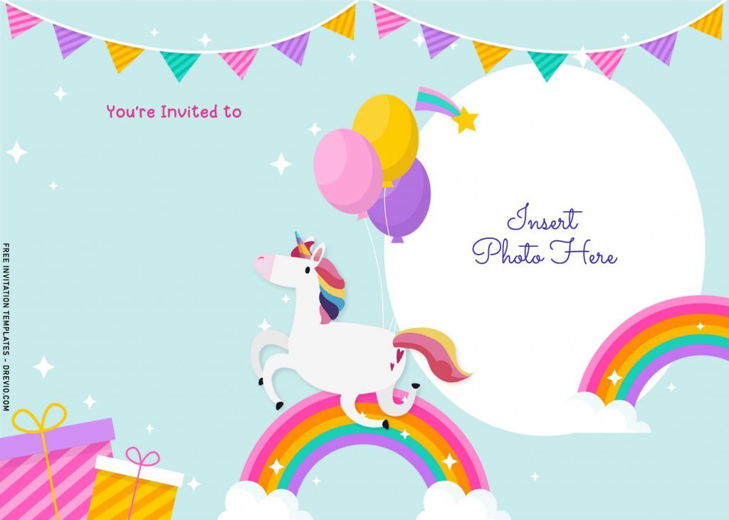 9+ Magical Rainbow Unicorn Birthday Invitation Templates For Any Ages and has cute Unicorn with Rainbow tail