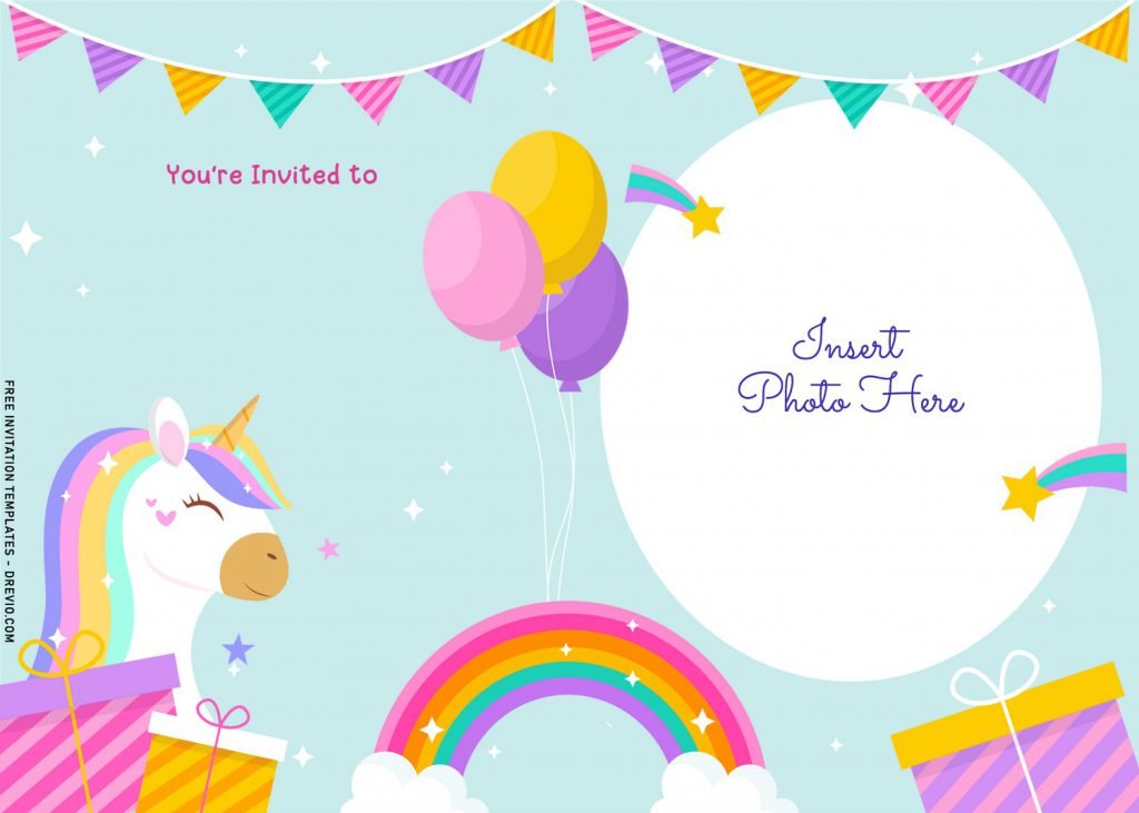 9+ Magical Rainbow Unicorn Birthday Invitation Templates For Any Ages and has colorful balloons