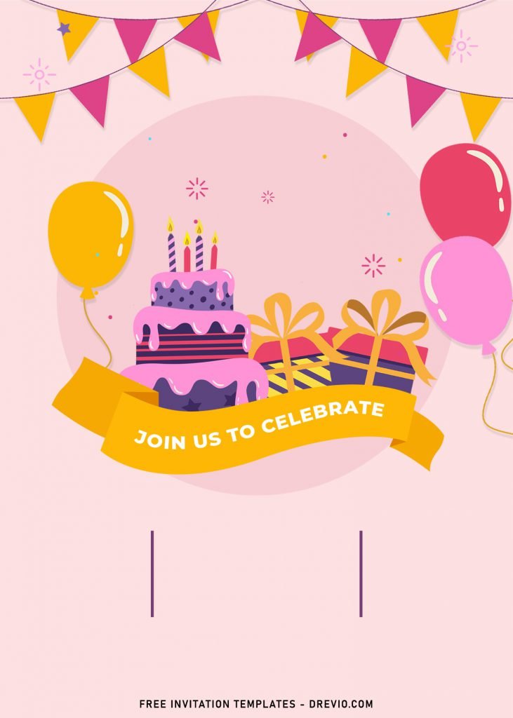 10+ Colorful Birthday Invitation Templates For Fun Kid's Birthday Party and has Pink and Yellow balloons