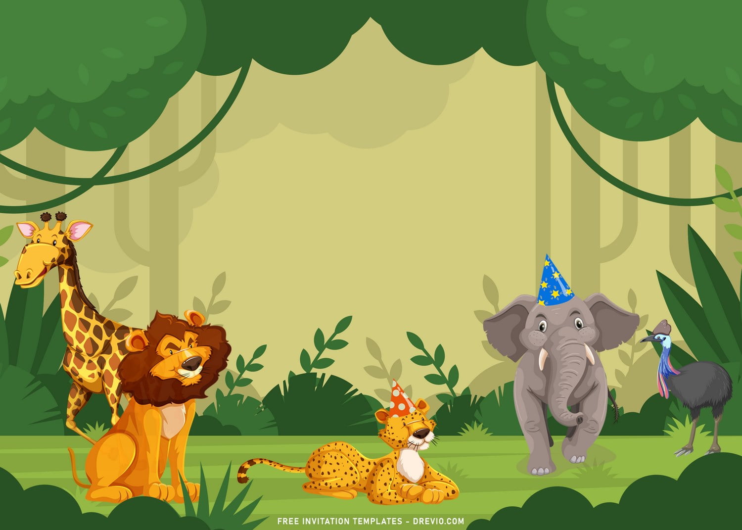 Printable Boys Birthday Invitation  Any Age Jungle Animals Elephant Lion Giraffe