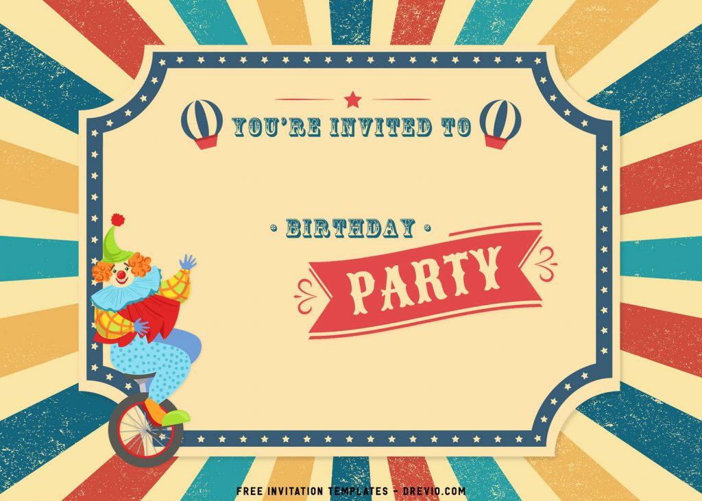 8+ Cute Amusement Park Themed Kids Birthday Invitation Templates with cut clown riding unicycle