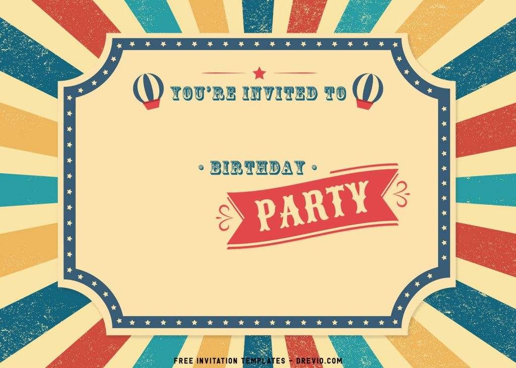 8+ Cute Amusement Park Themed Kids Birthday Invitation Templates with vintage design and stars frame