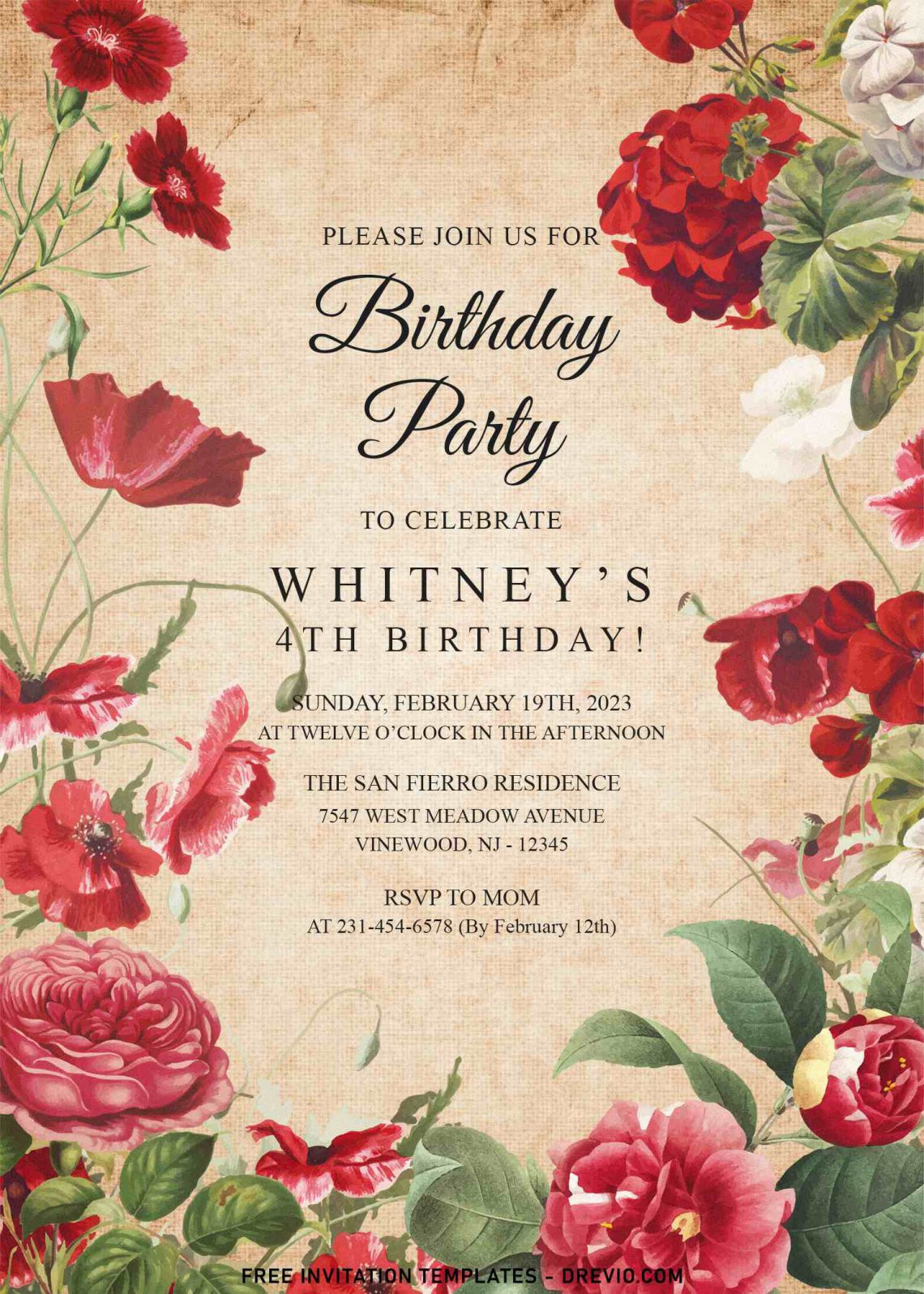 7+ Elegant Vintage Floral Rose Birthday Invitation Templates - Download ...