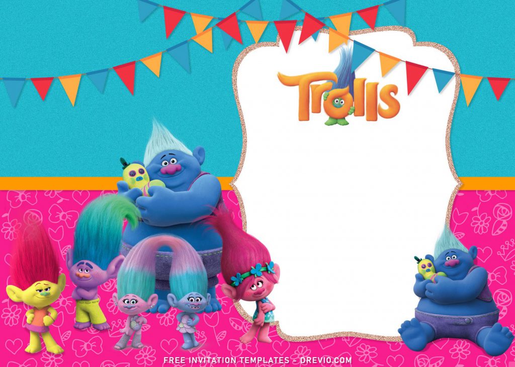 8+ Adorable Trolls Birthday Invitation Templates For Your Kid's Birthday with landscape orientation and cute background