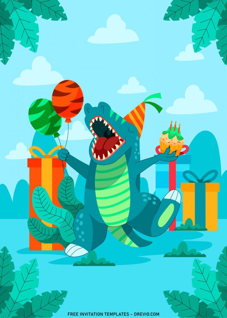 9+ Dinosaur Birthday Invitation Templates with cute T-rex holding balloons